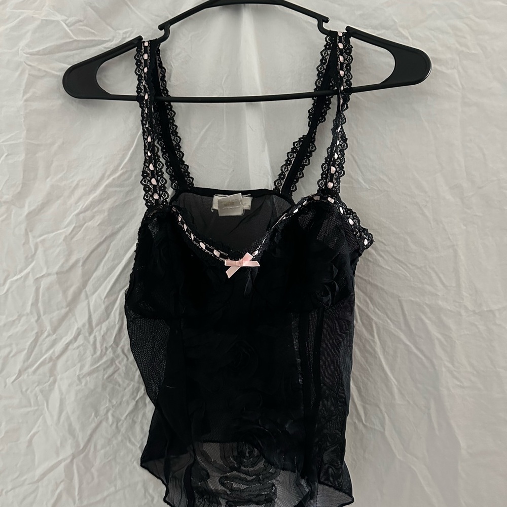 Black Lace Camisole with Pink Bow